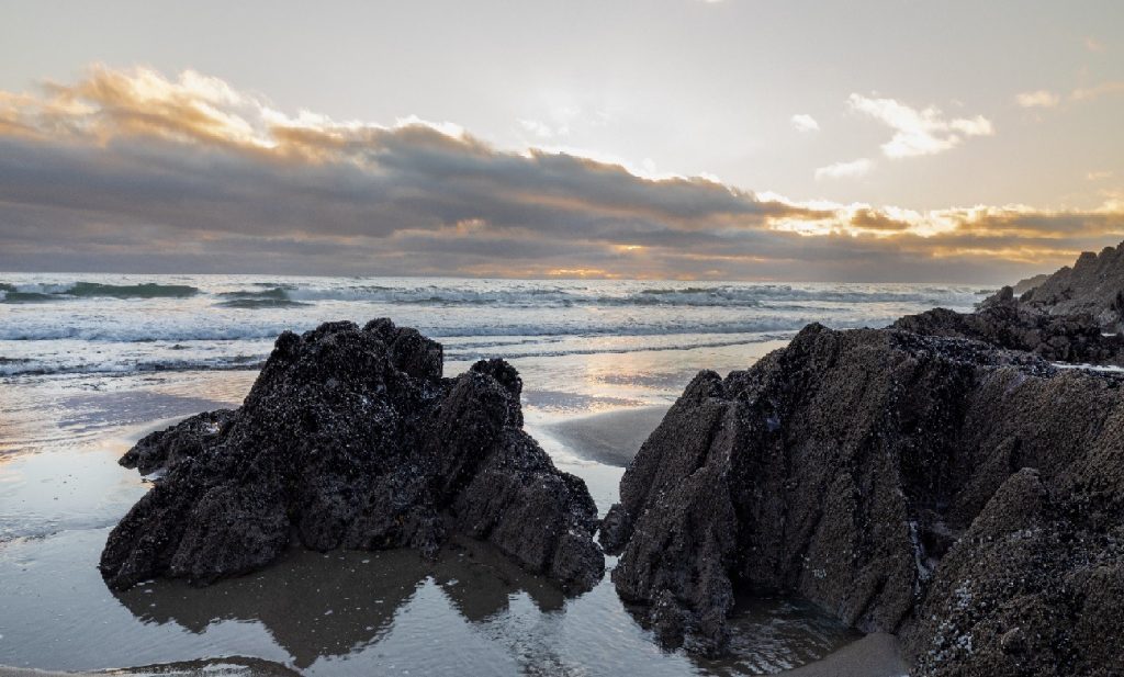 Sandy beach dotted with rocks beach at sunset - South Cornwall beach